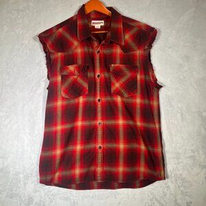 Quicksilver Sleeveless Shirt Mens L Red Plaid Flannel Cut Off Button Down